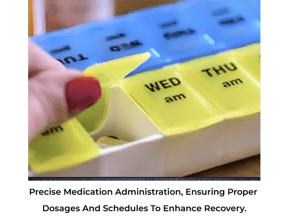A hand organizing a weekly pill organizer with yellow compartments.