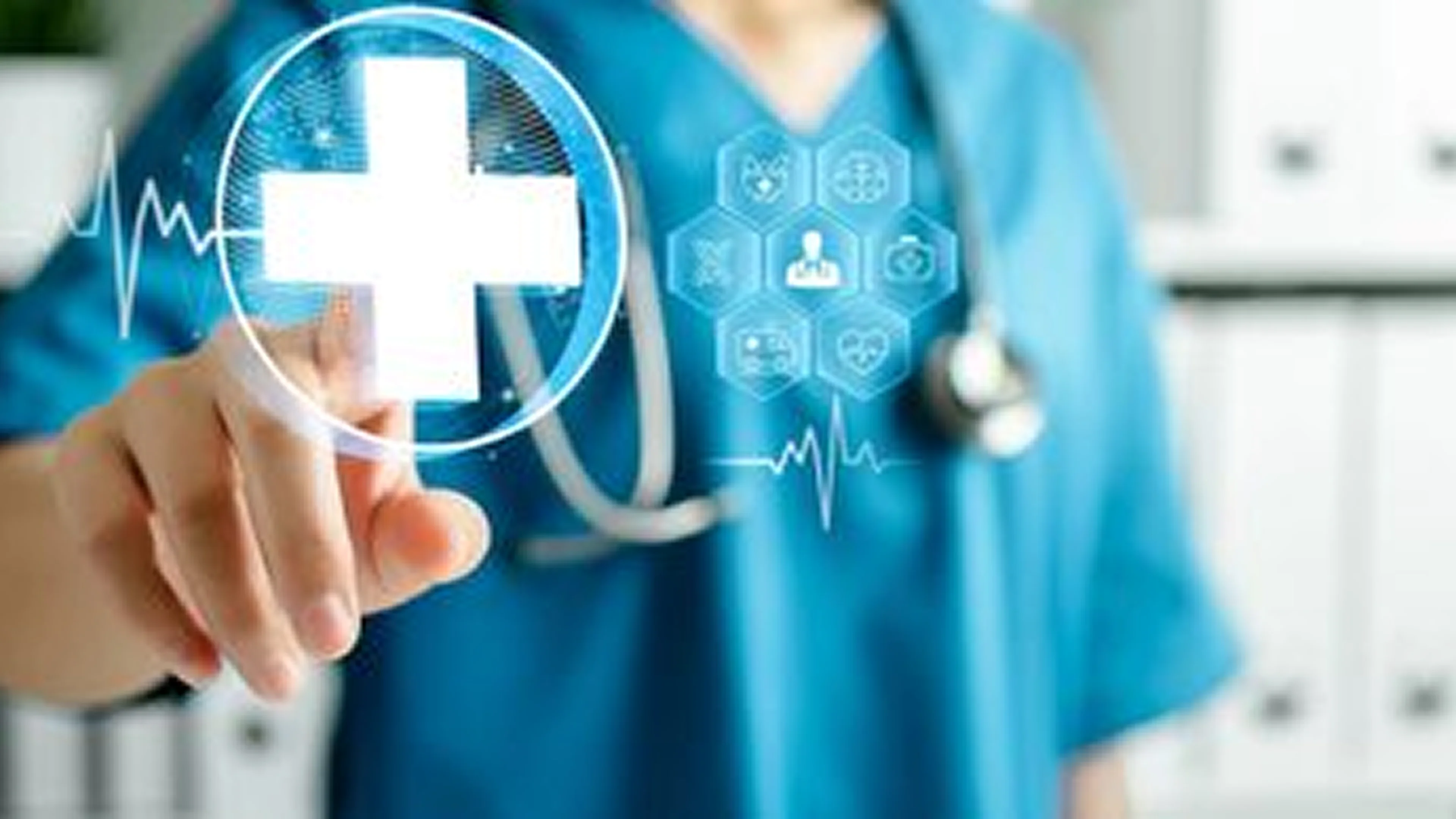 Medical professional interacting with digital health icons and a glowing cross symbol.