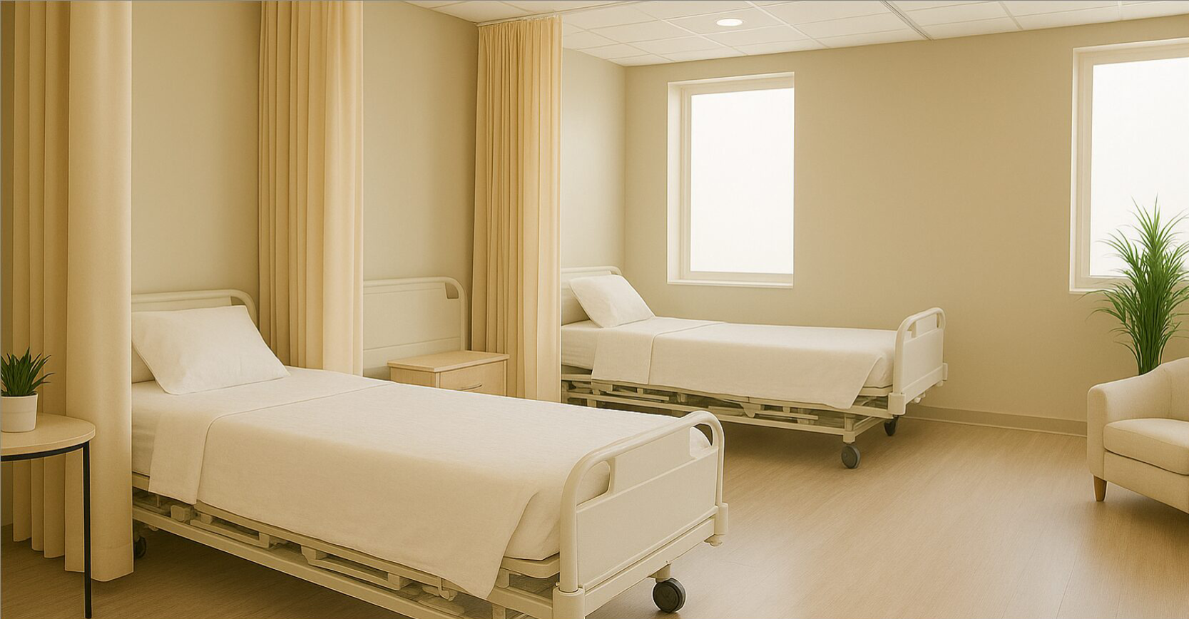 A clean, bright hospital room with two beds and a large window.